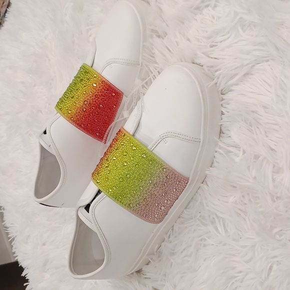 KARL LAGERFELD PARIS REMMY WHITE LEATHER SNEAKERS WITH CRYSTAL EMBELLISHED SZ 11 - Picture 5 of 16